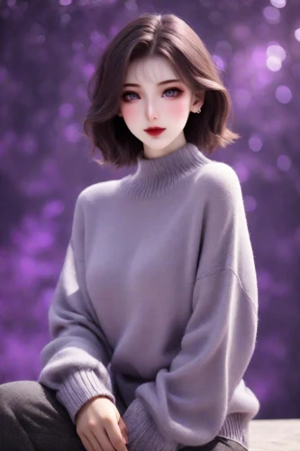 fashion doll,realdoll,female doll,ao dai,kim,kimjongilia,sweater,phuquy,model doll,rou jia mo,artist doll,purple background,portrait background,honmei choco,fashion dolls,songpyeon,sujeonggwa,miso,hanbok,nộm,Photography,Natural