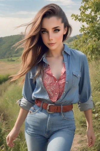 countrygirl,jean button,farm girl,girl in overalls,heidi country,silphie,jeans background,denim,olallieberry,lori,bluejeans,country dress,denim background,hills,denim jeans,cgi,farmer,country style,meadow,overalls,Photography,Realistic