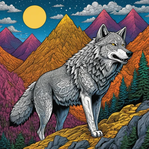 gray wolf,howling wolf,wolf,wolves,constellation wolf,european wolf,canis lupus,wolf's milk,wolf bob,altiplano,two wolves,wolf couple,grey fox,colored pencil background,canidae,silver fox,wolfdog,south american gray fox,wolf hunting,dog illustration,Illustration,American Style,American Style 13