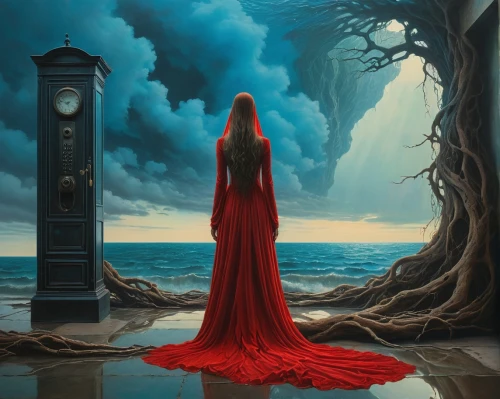 tour to the sirens,fantasy picture,rusalka,red gown,red cape,man in red dress,fantasy art,scarlet sail,the wind from the sea,way of the roses,lover's grief,dance of death,priestess,mirror of souls,girl in a long dress,lady in red,the enchantress,oil painting on canvas,red riding hood,surrealism,Photography,General,Fantasy
