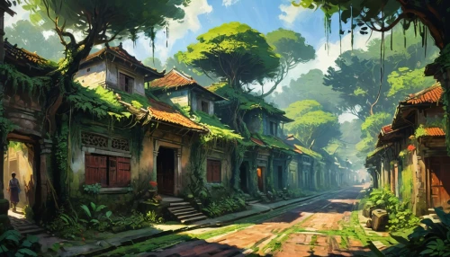 vietnam,ancient city,hanoi,wooden houses,world digital painting,villages,rural landscape,ancient house,home landscape,fantasy landscape,druid grove,narrow street,pathway,lost place,village life,old linden alley,road forgotten,lostplace,alleyway,rainforest,Art,Artistic Painting,Artistic Painting 04
