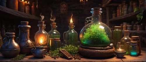 potions,apothecary,candlemaker,potion,alchemy,oil lamp,medieval hourglass,flagon,glass items,bottles,collected game assets,glass bottles,absinthe,distillation,merchant,poison bottle,reagents,wine bottles,trinkets,fantasy art,Illustration,Realistic Fantasy,Realistic Fantasy 12