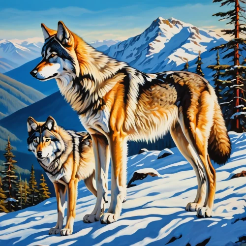wolf couple,two wolves,canis lupus,canidae,european wolf,wolves,canis lupus tundrarum,huskies,saarloos wolfdog,sled dog,wolfdog,dog sled,vulpes vulpes,mushing,northern inuit dog,landseer,winter animals,oil painting,oil painting on canvas,gray wolf