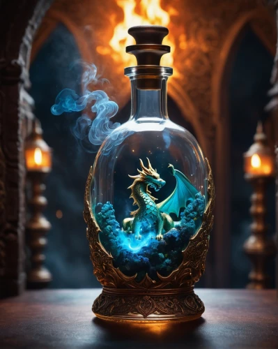 bottle fiery,3d fantasy,fantasy art,potions,potion,glass signs of the zodiac,fantasy picture,perfume bottles,candlemaker,fire breathing dragon,dragon fire,mermaid background,message in a bottle,poison bottle,alchemy,dragon,painted dragon,absinthe,dragon design,decanter,Photography,General,Fantasy