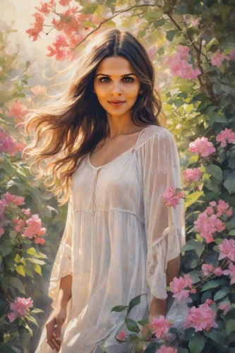 girl in flowers,beautiful girl with flowers,girl in the garden,romantic portrait,tulsi,photo painting,fantasy portrait,oil painting,flower background,oil painting on canvas,mystical portrait of a girl,portrait background,summer jasmine,wild jasmine,splendor of flowers,springtime background,world digital painting,floral,jasmine bush,jasmine blossom,Digital Art,Watercolor