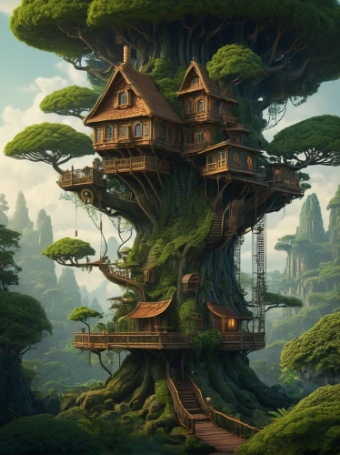 tree house,treehouse,tree house hotel,house in the forest,mushroom landscape,dragon tree,home landscape,mushroom island,ancient house,fantasy landscape,floating island,hanging houses,roof landscape,crooked house,tree tops,bird kingdom,tree top,wooden house,fairy house,asian architecture,Photography,General,Fantasy