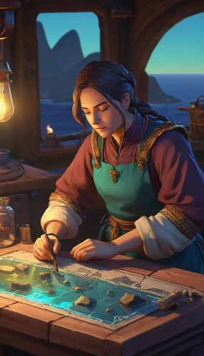 watchmaker,merchant,tinsmith,candlemaker,blacksmith,meticulous painting,artisan,clockmaker,caravel,game illustration,art bard,metalsmith,bard,pirate treasure,dwarf cookin,apothecary,gnome and roulette table,treasure map,craftsman,transistor checking,Illustration,Realistic Fantasy,Realistic Fantasy 18