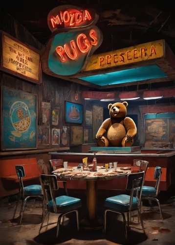 yolanda's-magnolia,pizzeria,diner,fast food restaurant,chow-chow,new york restaurant,retro diner,wooser,kids' meal,a restaurant,grizzlies,teddy bear waiting,world digital painting,wood gyro,chow chow,cd cover,toy's story,the bears,drive in restaurant,big bear,Illustration,Retro,Retro 12