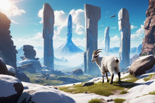 mountain sheep,mountain cows,wild sheep,plains,goat-antelope,goat mountain,mountain pasture,mountain world,feral goat,alpine pastures,big horn sheep,salt meadow landscape,alpine crossing,ibexes,fantasy landscape,asterales,alpine ibex,mountain plateau,altiplano,herd of goats,Conceptual Art,Sci-Fi,Sci-Fi 04