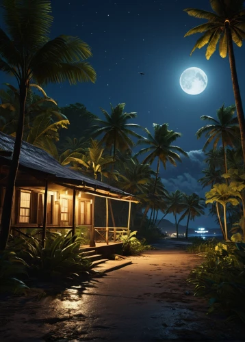night scene,moonlit night,tahiti,tropical house,moonlight,moonlit,south pacific,night image,full hd wallpaper,nightscape,at night,coconut trees,digital compositing,landscape background,cartoon video game background,beach house,moonrise,evening atmosphere,visual effect lighting,monkey island,Illustration,Paper based,Paper Based 12