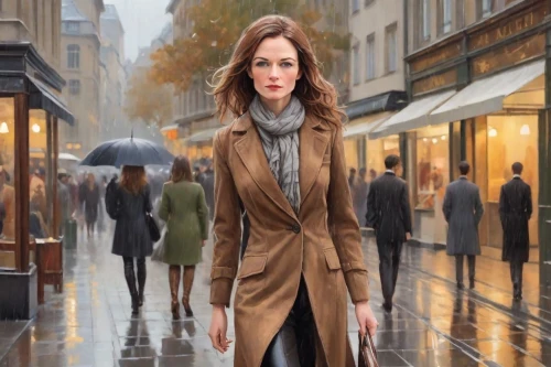 woman walking,woman shopping,girl walking away,overcoat,world digital painting,woman in menswear,girl in a long,women fashion,walking in the rain,city ​​portrait,woman thinking,women clothes,bussiness woman,woman at cafe,a pedestrian,pedestrian,photoshop manipulation,shopping street,long coat,oil painting on canvas,Digital Art,Classicism