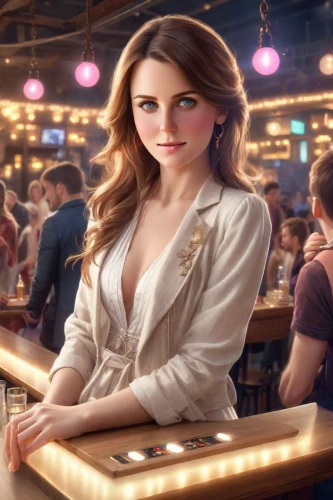 poker primrose,waitress,barmaid,bar billiards,bartender,woman at cafe,poker set,unique bar,poker,cigarette girl,dice poker,poker table,vesper,pub,piano bar,barista,the girl's face,gambler,game illustration,coffee background,Photography,Realistic