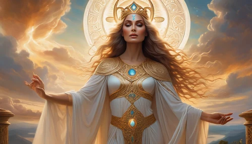 priestess,sorceress,the prophet mary,goddess of justice,zodiac sign libra,celtic queen,sacred art,cybele,golden crown,the enchantress,light bearer,paganism,sacred,the zodiac sign pisces,athena,star mother,artemisia,mary-gold,elven,fatima,Illustration,Realistic Fantasy,Realistic Fantasy 40