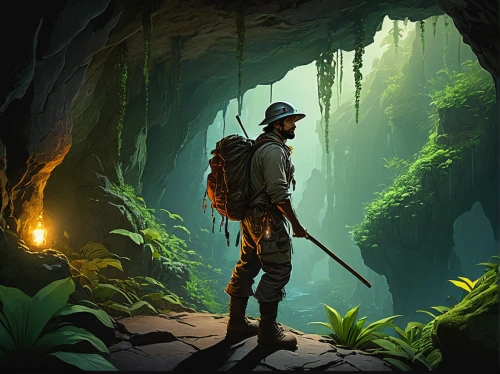 cave tour,game illustration,indiana jones,forest workers,explorer,adventurer,the wanderer,caving,rifleman,mountain guide,lava tube,ranger,sci fiction illustration,monkey island,pit cave,cave man,farmer in the woods,vietnam,adventure game,game art,Illustration,Retro,Retro 03