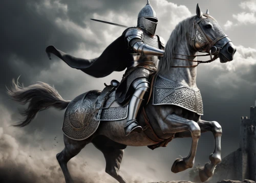 crusader,joan of arc,cavalry,heroic fantasy,pickelhaube,king arthur,horseman,knight,medieval,massively multiplayer online role-playing game,carpathian,knight armor,castleguard,black horse,wall,constantinople,patrol,middle ages,camelot,the middle ages,Illustration,Black and White,Black and White 11