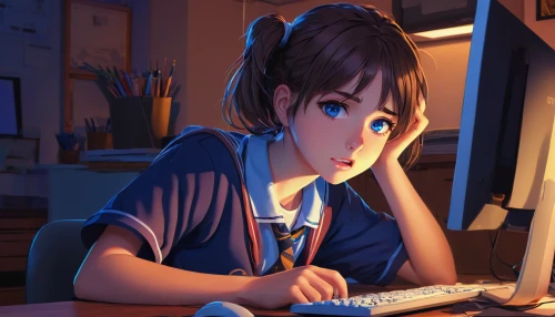 girl at the computer,girl studying,anime 3d,night administrator,animator,anime cartoon,tutoring,illustrator,tutor,girl drawing,writer,computer,office worker,writing about,tsumugi kotobuki k-on,child's diary,worried girl,cute cartoon image,school work,computer freak,Art,Classical Oil Painting,Classical Oil Painting 04