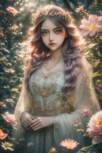 fantasy portrait,mystical portrait of a girl,rosa 'the fairy,beautiful girl with flowers,fantasy picture,girl in flowers,romantic portrait,faery,fairy tale character,yellow rose background,fairy queen,victorian lady,eglantine,faerie,wild roses,fantasy art,flower fairy,enchanting,elven flower,landscape rose,Photography,Realistic