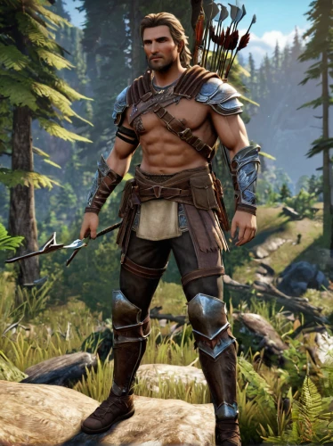 barbarian,male character,male elf,woodsman,tarzan,dane axe,bow and arrows,massively multiplayer online role-playing game,witcher,dwarf sundheim,hercules,brawny,lumberjack pattern,grog,cave man,neanderthal,highlander,nordic bear,haighlander,mountain guide,Conceptual Art,Fantasy,Fantasy 27