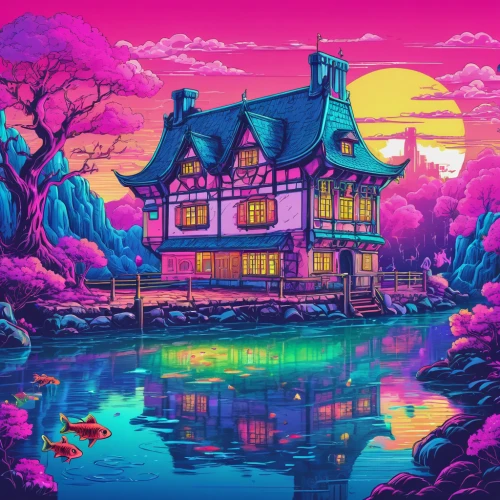 house by the water,lonely house,house with lake,witch's house,cottage,summer cottage,purple landscape,fantasy landscape,house in the forest,house silhouette,little house,home landscape,dream world,boathouse,fisherman's house,ancient house,3d fantasy,fantasy city,house in mountains,treehouse,Conceptual Art,Sci-Fi,Sci-Fi 28