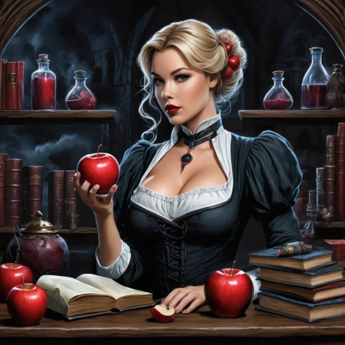 librarian,red apples,apple icon,red apple,woman eating apple,sci fiction illustration,apothecary,apples,tutor,barmaid,scholar,author,basket of apples,fantasy picture,queen of hearts,fantasy art,candlemaker,academic,professor,teacher,Conceptual Art,Fantasy,Fantasy 34