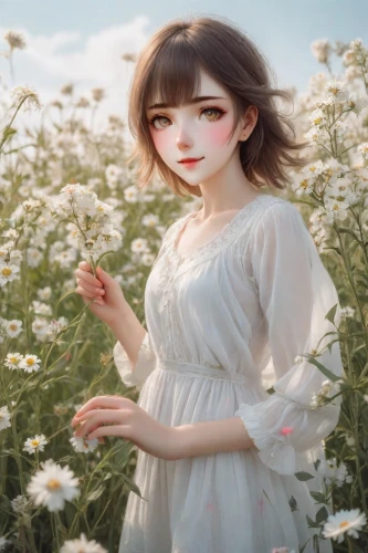 girl in flowers,flower background,white cosmos,field of flowers,meadow play,garden white,blooming field,white blossom,beautiful girl with flowers,cotton grass,meadow daisy,summer flower,artist doll,flower field,falling flowers,girl picking flowers,spring white,painter doll,windflower,flower girl,Photography,Realistic
