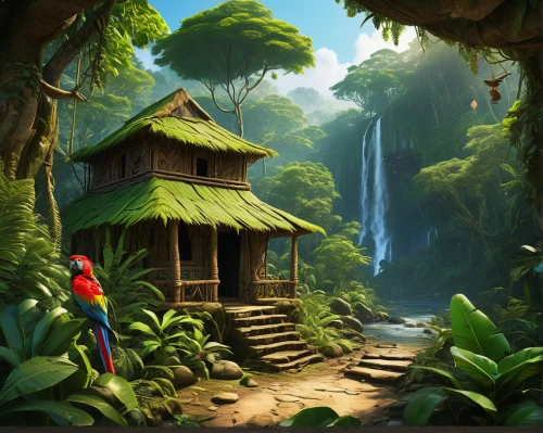 world digital painting,house in the forest,cartoon video game background,tropical house,rainforest,home landscape,monkey island,rain forest,tropical jungle,fantasy picture,tree house hotel,bird kingdom,game illustration,borneo,tree house,fairy village,fantasy landscape,landscape background,adventure game,jungle,Illustration,Paper based,Paper Based 14