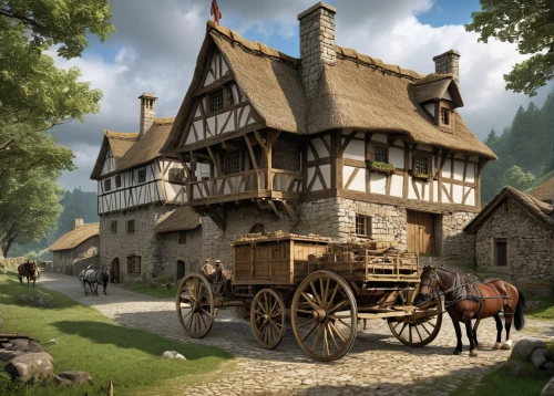 wooden carriage,wooden wagon,wooden houses,knight village,house trailer,bremen town musicians,half-timbered house,wooden house,timber framed building,country cottage,frisian house,houses clipart,traditional house,alpine village,country house,covered wagon,tavern,half-timbered houses,medieval town,mountain settlement,Illustration,Children,Children 02