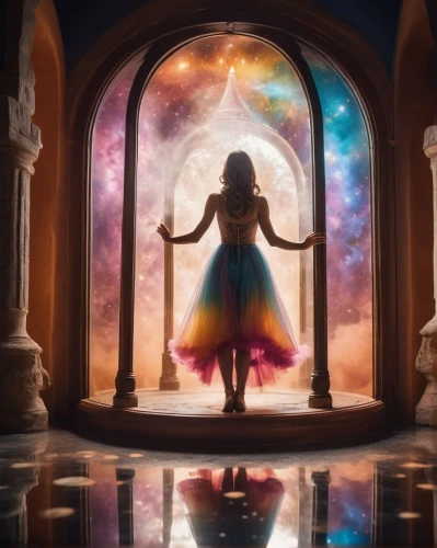 fantasy picture,imagination,mystical portrait of a girl,fairy galaxy,dream world,magical,fantasy art,3d fantasy,magic mirror,inner space,children's fairy tale,magical moment,fantasy world,fairy dust,fairytales,fantasia,window to the world,enchanted,fairy world,children's background,Photography,General,Cinematic