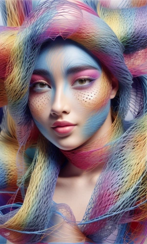 artificial hair integrations,bjork,digiart,mystical portrait of a girl,image manipulation,psychedelic art,fractalius,cyberspace,fantasy portrait,computer art,photomanipulation,adobe photoshop,gradient mesh,hallucinogenic,colorful spiral,fairy peacock,3d fantasy,multicolor faces,mermaid background,virtual identity