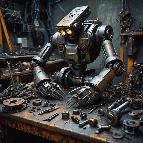 industrial robot,watchmaker,scrap iron,scrap sculpture,scrap collector,steampunk,craftsman,scrap dealer,scrap metal,clockmaker,mechanical,machinery,workbench,metal toys,metalworking,machine tool,robotics,robotic,cybernetics,metalsmith,Photography,Documentary Photography,Documentary Photography 16