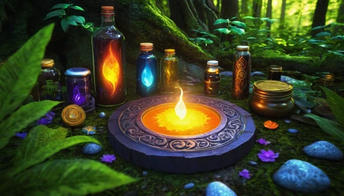 potions,alchemy,healing stone,druid stone,wishing well,druid grove,campfire,tealights,fairy house,magical pot,offering,offerings,potion,apothecary,cauldron,elven forest,trinkets,five elements,bottles of essential oils,summer solstice,Illustration,Black and White,Black and White 18