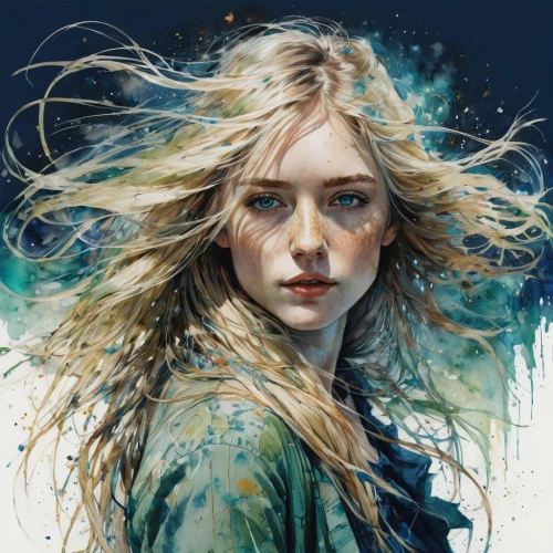 digital painting,mystical portrait of a girl,girl portrait,digital illustration,digital art,fantasy portrait,portrait of a girl,world digital painting,digital artwork,little girl in wind,elsa,sci fiction illustration,echo,the blonde in the river,girl drawing,young woman,siren,blonde woman,blonde girl,amano,Illustration,Paper based,Paper Based 13