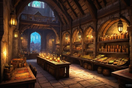 apothecary,brandy shop,potions,candlemaker,shopkeeper,merchant,spice market,soap shop,stalls,bakery,wine cellar,gold shop,gift shop,castle iron market,liquor bar,pantry,medieval market,hogwarts,medieval architecture,alchemy,Conceptual Art,Oil color,Oil Color 17