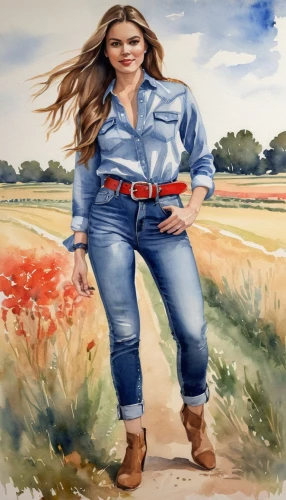 farm girl,countrygirl,farmer,jeans background,farm background,heidi country,girl in overalls,photo painting,watercolor women accessory,farmworker,woman walking,oil painting,bluejeans,watercolor background,oil painting on canvas,painting technique,country,country dress,cropland,art painting,Illustration,Paper based,Paper Based 24