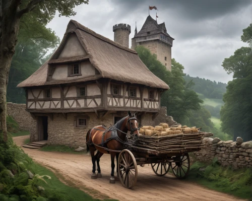 wooden carriage,alsace,bremen town musicians,knight village,village life,medieval town,thatched cottage,medieval street,ardennes,medieval,cart horse,wooden wagon,horse and cart,thatched roof,straw cart,thatching,village scene,dordogne,thatch roof,tavern,Conceptual Art,Daily,Daily 25