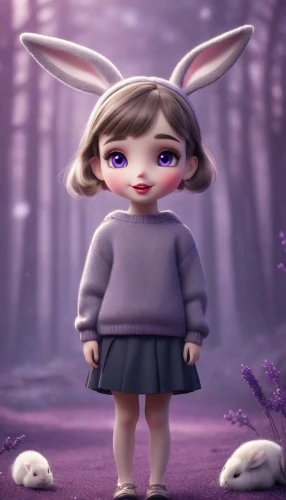 agnes,cute cartoon character,gray hare,little bunny,la violetta,little rabbit,thumper,bunny,white rabbit,clay animation,louise,cottontail,animated cartoon,rabbit,bluebell,fairy tale character,pale purple,children's background,mauve,cute cartoon image,Photography,Cinematic