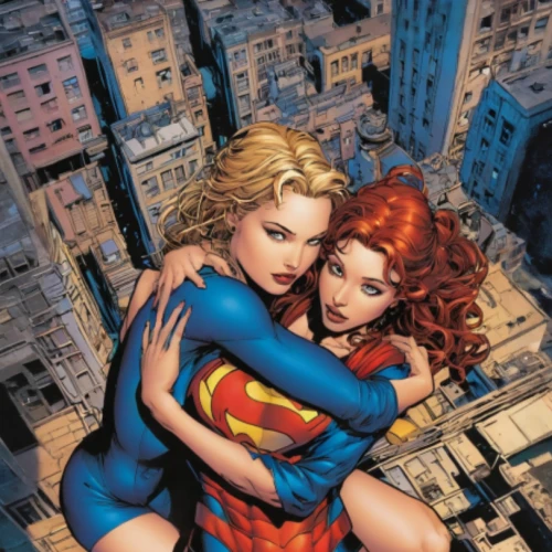 super heroine,super woman,redheads,trinity,two girls,wonder woman city,cover,girlfriends,comic books,superman,superheroes,mother and daughter,birds of prey,in pairs,comics,comic book,piggyback,wonder,comic characters,crime fighting