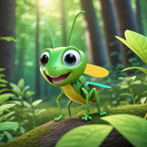 jiminy cricket,aaa,scentless plant bugs,fireflies,cute cartoon character,firefly,forest beetle,insects,insect,patrol,grasshopper,bugs,aa,shield bugs,forest background,madagascar,flying insect,wild bee,bee,lucky bug,Unique,3D,3D Character