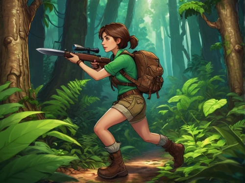 lara,game illustration,girl with gun,cg artwork,game art,sci fiction illustration,girl with a gun,scout,forest workers,hiker,croft,forest background,green wallpaper,adventure game,jungle,pathfinders,mobile video game vector background,on the hunt,scavenger,adventurer,Photography,General,Natural
