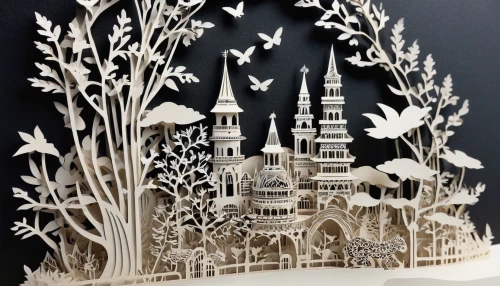 paper art,the laser cuts,royal icing,cardstock tree,delft,3d fantasy,vintage ornament,fairy tale castle,paper cutting background,papercut,gaudí,glass ornament,basil's cathedral,children's fairy tale,wood carving,gothic architecture,intricate,christmas landscape,fairy house,fairy tale,Unique,Paper Cuts,Paper Cuts 04