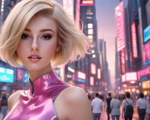 pixie-bob,barbie,blonde woman,blonde girl,short blond hair,pixie cut,barbie doll,pink dawn,cool blonde,futuristic,digital compositing,pink lady,pink diamond,kim,pink beauty,metropolis,pixie,anime 3d,blond girl,marylyn monroe - female