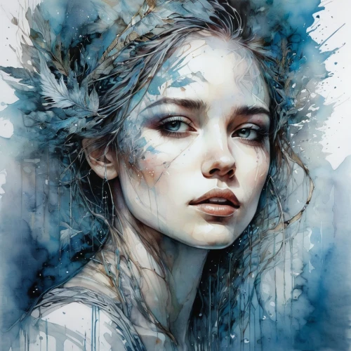 mystical portrait of a girl,watercolor blue,fantasy portrait,blue painting,faery,dryad,blue rain,water nymph,fantasy art,the snow queen,blue enchantress,portrait of a girl,faerie,digital artwork,girl portrait,ice queen,silvery blue,digital art,watercolor painting,world digital painting,Illustration,Paper based,Paper Based 13