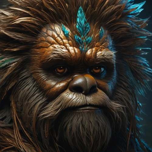 chewbacca,chewy,wicket,kosmus,lokportrait,orangutan,shih tzu,golden lion tamarin,yeti,animal portrait,affenpinscher,tamarin,cg artwork,yoda,dwarf,lando,anthropomorphized animals,tribal chief,detail shot,solo,Photography,General,Fantasy