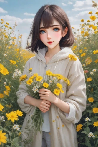 girl in flowers,field of flowers,holding flowers,chara,blooming field,flower background,yellow garden,flower field,marguerite,girl picking flowers,yellow petals,chamomile in wheat field,flowers field,yellow daisies,yellow flower,sand coreopsis,daisies,blanket of flowers,summer flower,yellow grass,Photography,Realistic