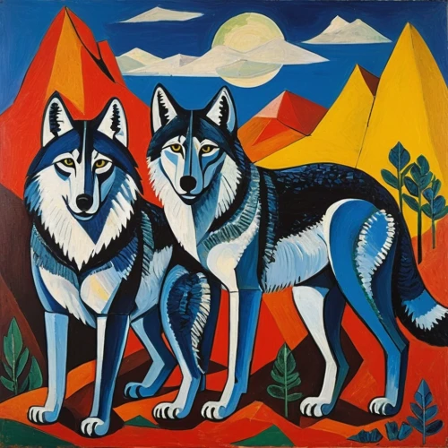 two wolves,wolves,wolf couple,canis lupus,color dogs,david bates,canines,huskies,khokhloma painting,canis lupus tundrarum,three dogs,two dogs,tamaskan dog,sled dog,indigenous painting,dog sled,wolf,howling wolf,wolf bob,canidae,Art,Artistic Painting,Artistic Painting 38