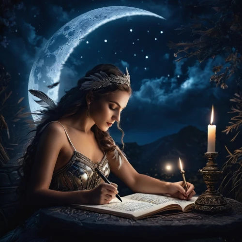 fantasy picture,writing-book,fantasy art,learn to write,the night of kupala,writing about,writer,to write,fairy tale character,write,mystical portrait of a girl,author,divination,writing,moonlit night,moon and star background,fairytales,fairy tales,girl studying,guestbook,Photography,General,Fantasy