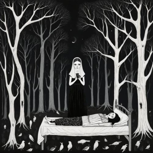 the night of kupala,halloween illustration,book illustration,dead bride,gothic woman,mourning swan,the witch,of mourning,dance of death,haunted forest,gothic portrait,mourning,rusalka,lover's grief,dark gothic mood,girl with tree,the snow queen,gothic dress,dark art,half-mourning,Illustration,Abstract Fantasy,Abstract Fantasy 05