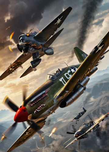 north american p-51 mustang,republic p-47 thunderbolt,supermarine spitfire,curtiss p-40 warhawk,focke-wulf fw 190,north american a-36 apache,junkers,fighter aircraft,lockheed p-38 lightning,world war ii,messerschmitt bf 108,messerschmitt bf 109,wartime,corsair,air combat,world war,airshow,formation flight,lockheed hudson,hurricane,Illustration,Realistic Fantasy,Realistic Fantasy 47