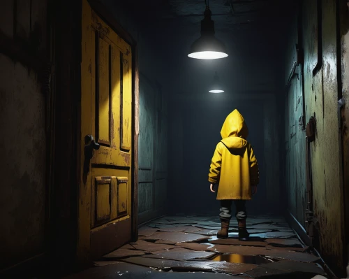 penumbra,live escape game,yellow light,trench coat,eleven,adventure game,play escape game live and win,raincoat,yellow jumpsuit,hooded man,it,3d render,action-adventure game,game art,asylum,yellow,hooded,hazmat suit,prisoner,creepy doorway,Conceptual Art,Oil color,Oil Color 05