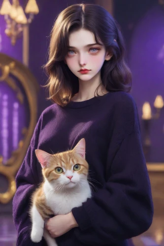 ritriver and the cat,w 21,la violetta,cat mom,cat,violet,purple background,doll cat,cat european,cat image,libra,fantasy picture,cat lovers,figaro,two cats,pet,the cat,viola,bisque,cat child,Photography,Realistic